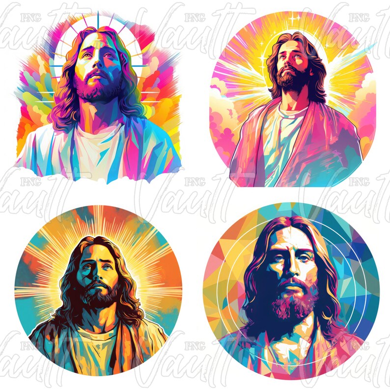 Puede incluir: Cuatro ilustraciones circulares coloridas de un hombre con pelo largo y barba, cada una con un halo radiante. Los retratos presentan tonos vibrantes de azul, rosa, amarillo y naranja, creando un efecto de vidriera. El hombre est&aacute; representado mirando hacia arriba.