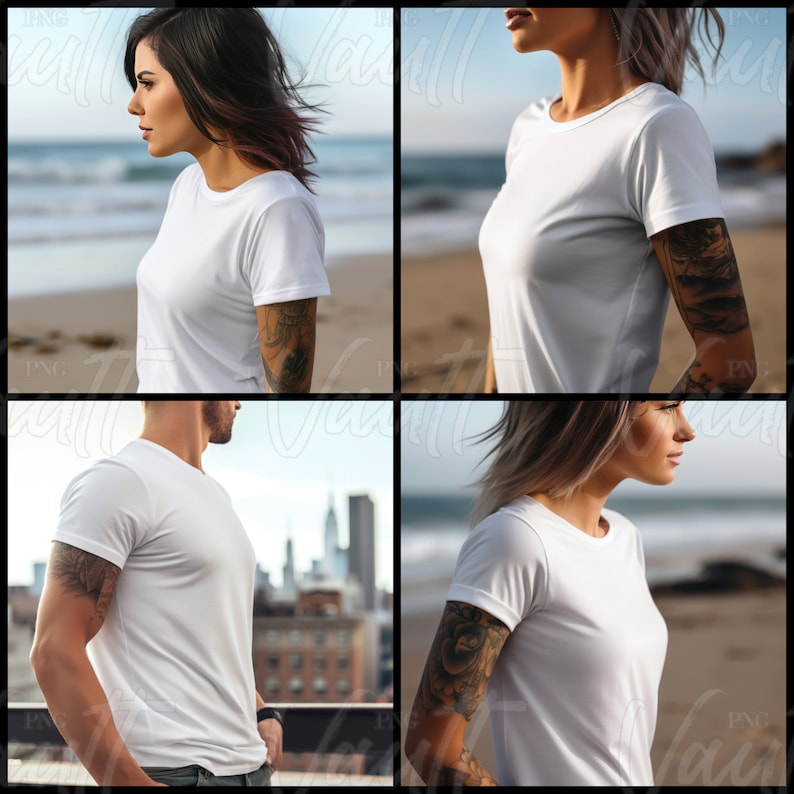 May include: Four different people wearing white t-shirts. The t-shirts are plain and have no graphics or designs. The people are standing in various poses and locations, including a beach and a city rooftop.