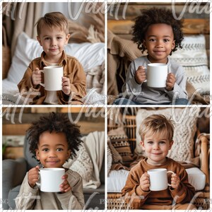 May include: Four children, two boys and two girls, are sitting in a cozy setting, each holding a white mug. They are all smiling and looking at the camera. The mugs are blank, making them perfect for personalization.