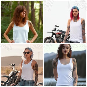 May include: Four women wearing white tank tops with different backgrounds. The women are all wearing tank tops with no branding or logos. The women are all wearing different hairstyles and have different tattoos.