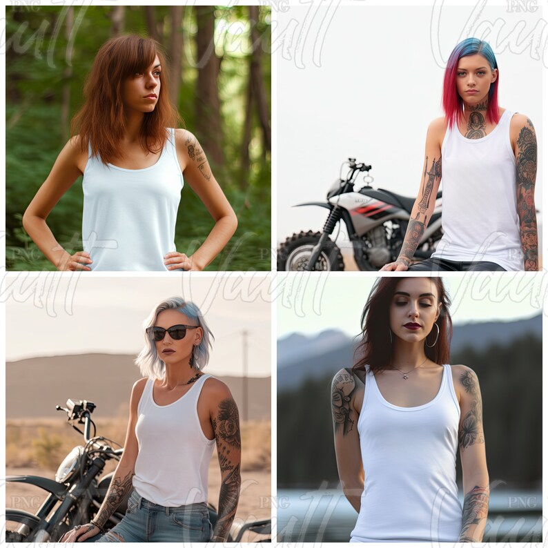May include: Four women wearing white tank tops with different backgrounds. The women are all wearing tank tops with no branding or logos. The women are all wearing different hairstyles and have different tattoos.