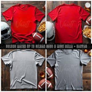 May include: Two blank t-shirts, one red and one gray, are shown on a wooden background. The shirts are laid out flat with the front and back sides visible. The shirts are surrounded by footballs, chips, and drinks, creating a sports-themed scene. The text "Vault" is visible on the shirts.