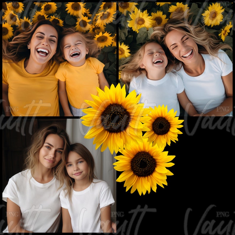 May include: Two sets of mothers and daughters are pictured in a collage. The top two images show mothers and daughters lying in a field of sunflowers. The bottom two images show mothers and daughters standing together. All four women are smiling.