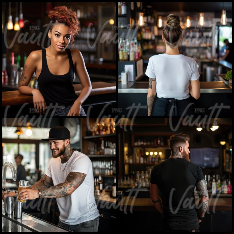 May include: Four people working behind a bar counter. Two people are wearing black shirts, one is wearing a white shirt, and one is wearing a white tank top. The bar is well-lit and has a variety of bottles on shelves behind the counter.