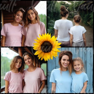 May include: Four women and girls wearing matching pink and blue t-shirts. The women and girls are standing in pairs, with a sunflower in the center of the image.