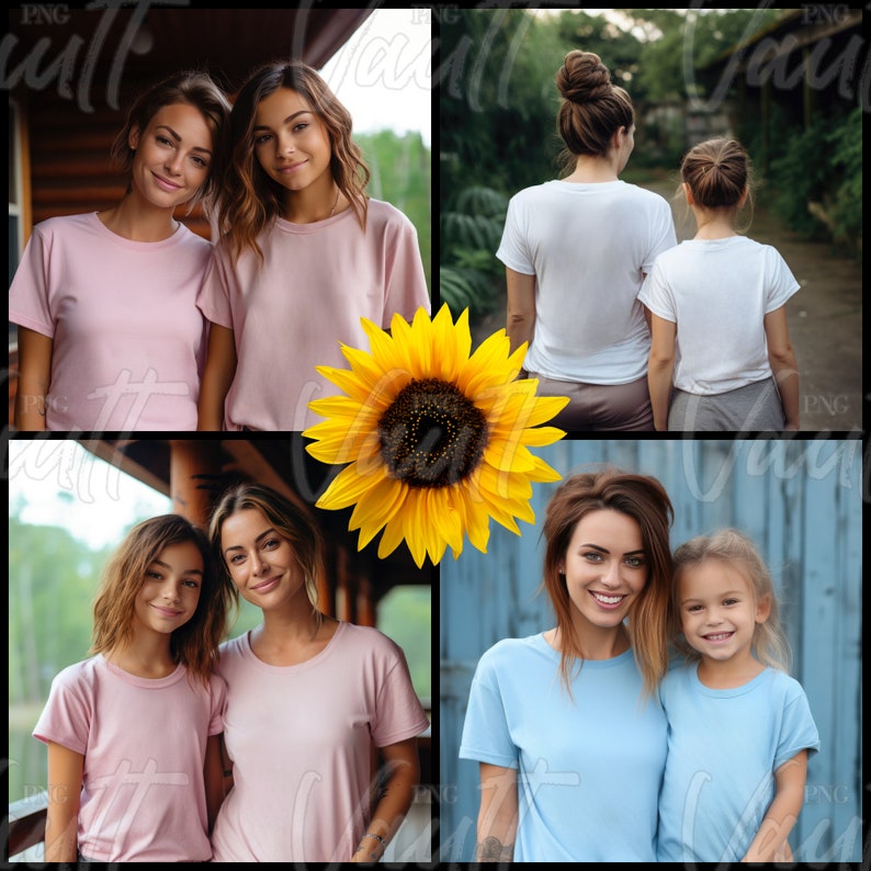 May include: Four women and girls wearing matching pink and blue t-shirts. The women and girls are standing in pairs, with a sunflower in the center of the image.