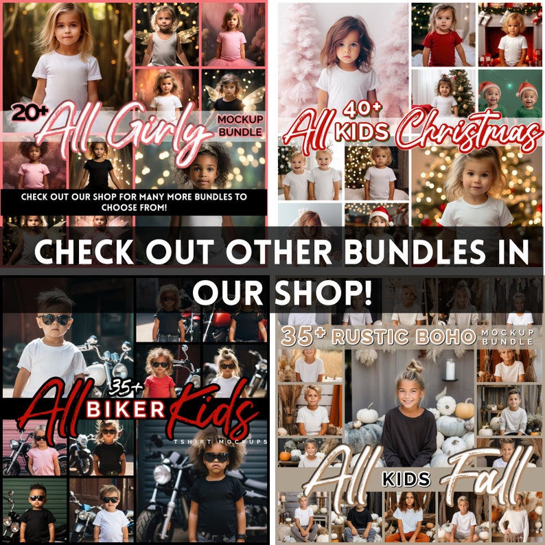 Puede incluir: Imagen promocional que muestra varios paquetes de maquetas de camisetas para ni&ntilde;os. La imagen presenta collages con temas como "All Girly", "All Kids Christmas", "All Biker Kids" y "All Kids Fall". El texto anima a los espectadores a explorar la tienda.