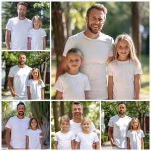 K&ouml;nnte beinhalten: Eine Collage aus sechs Bildern, die einen Vater und seine T&ouml;chter in wei&szlig;en T-Shirts zeigen. Der Vater und seine T&ouml;chter l&auml;cheln und schauen in die Kamera. Die Bilder sind vor einem Hintergrund aus gr&uuml;nen B&auml;umen aufgenommen.