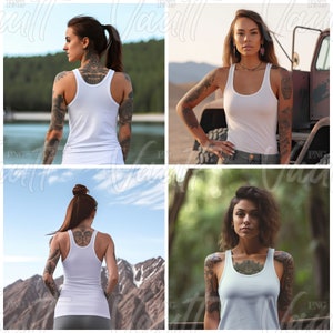 May include: Four women wearing white tank tops with different backgrounds. The women have tattoos on their arms.