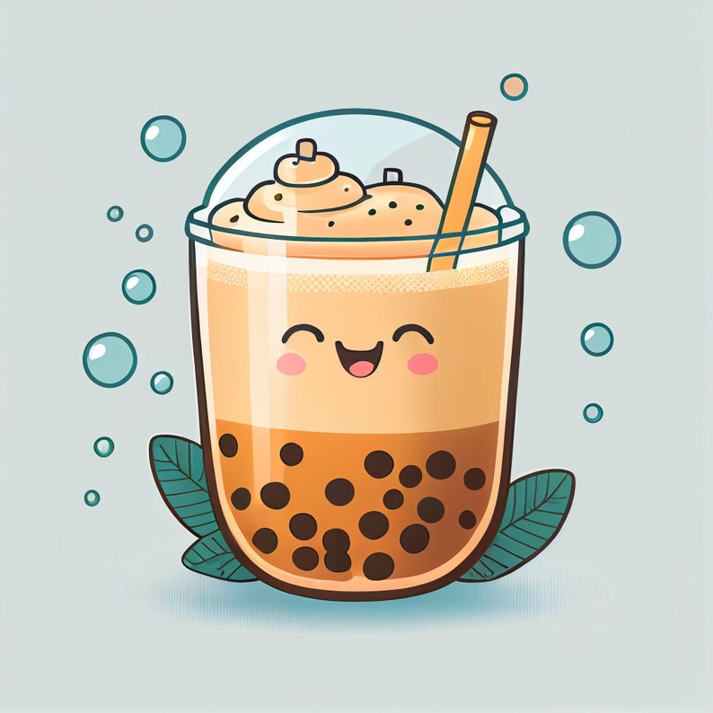Bubble Tea Digital PNG JPG Download Boba Happy Cute Smiling Etsy