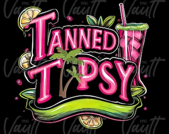 Op de afbeelding: Roze en groene grafische vormgeving met de tekst "Tanned Tipsy" en een cocktail drankje met ijsblokjes. Het ontwerp bevat palmbomen en citroenen.