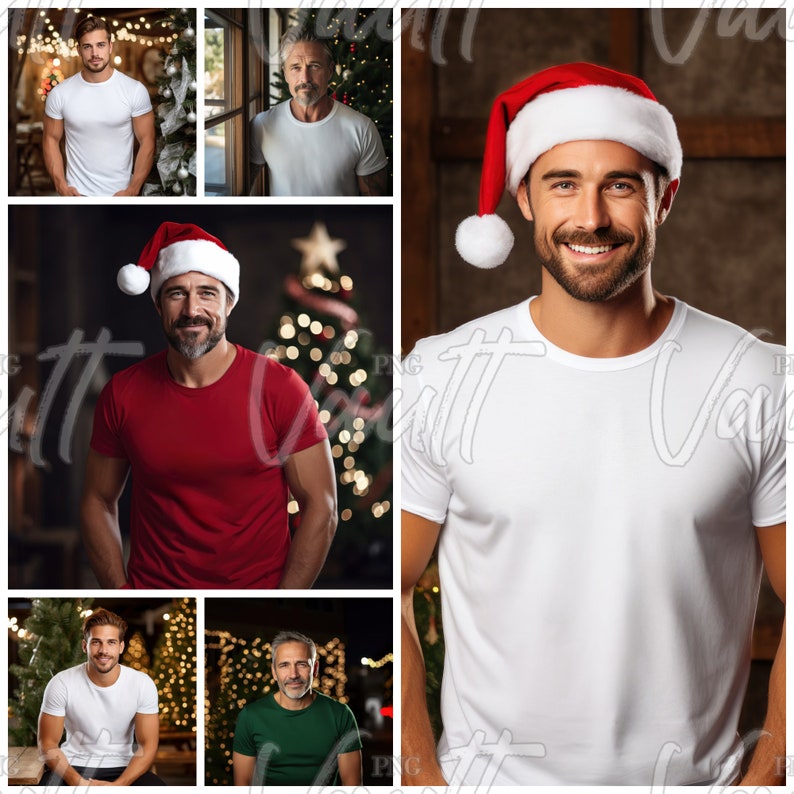 May include: Four men wearing white t-shirts, one man wearing a red t-shirt, one man wearing a green t-shirt, and one man wearing a white t-shirt with a red Santa hat. The men are standing in front of a Christmas tree.