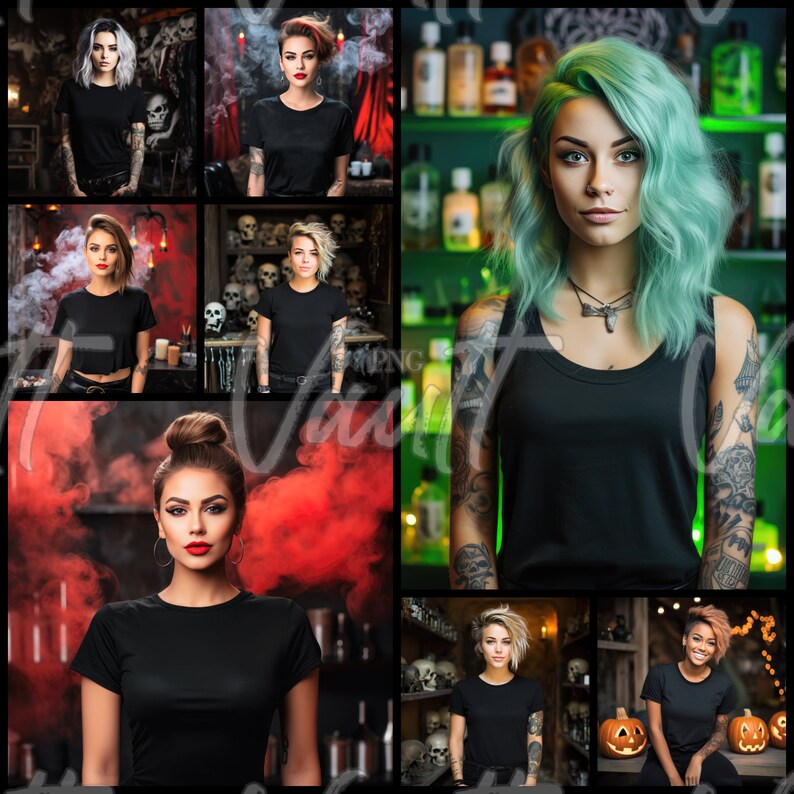 May include: A collage of images featuring women wearing black t-shirts. Some images have a smoky or foggy background, while others have a more colorful backdrop. The women are all looking at the camera with different expressions.