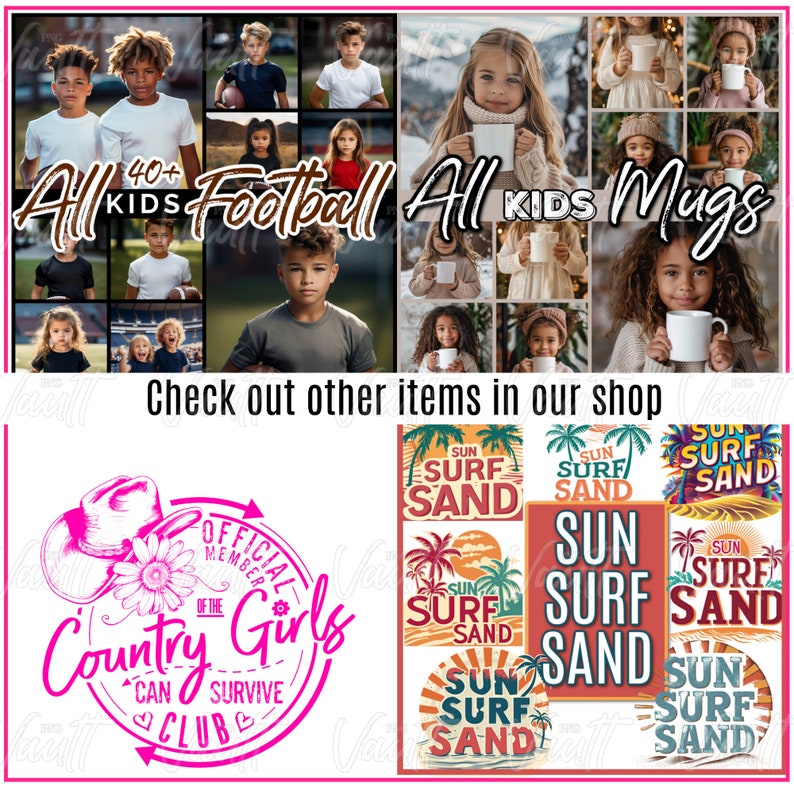 May include: A collage of images featuring children wearing football jerseys and holding mugs. The text "All Kids Football" and "All Kids Mugs" is displayed in the image. The image also includes a pink and white graphic with the text "Official Member of the Country Girls Can Survive Club".