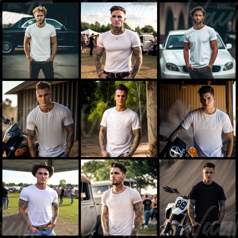 Puede incluir: Nueve hombres diferentes con camisetas blancas en diferentes entornos. Algunos est&aacute;n de pie frente a coches, otros frente a motocicletas y uno est&aacute; de pie en un campo.