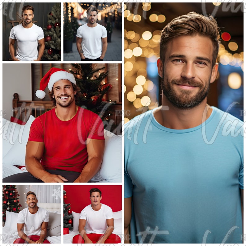 May include: A collage of images featuring a man wearing different shirts. The first image shows a man wearing a white t-shirt. The second image shows a man wearing a white t-shirt. The third image shows a man wearing a red t-shirt. The fourth image shows a man wearing a blue t-shirt.