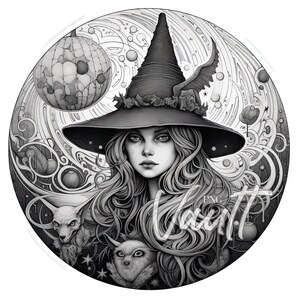 May include: A black and white illustration of a witch with long hair wearing a pointed hat and a flowing gown. She is surrounded by swirling patterns and stars. There are two small animals, a fox and a cat, at her feet.