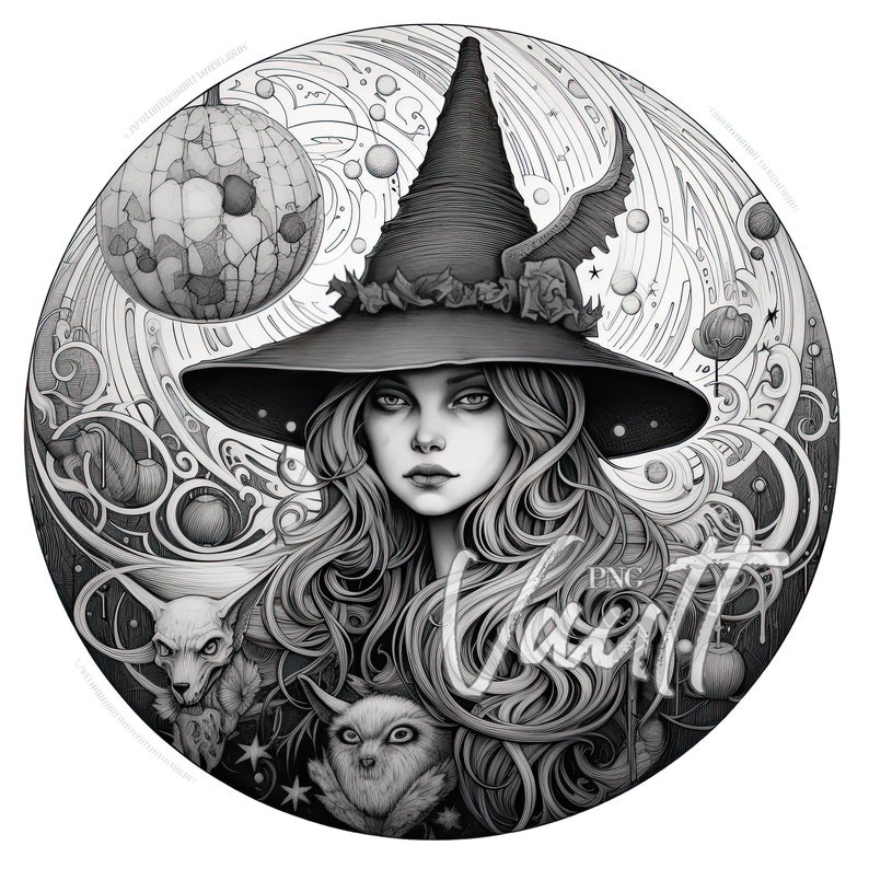 May include: A black and white illustration of a witch with long hair wearing a pointed hat and a flowing gown. She is surrounded by swirling patterns and stars. There are two small animals, a fox and a cat, at her feet.