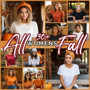 Könnte beinhalten: Eine Collage aus über 30 Herbst-T-Shirt-Mockups mit Frauen, die verschiedene Farben und Stile von T-Shirts tragen. Der Text "All Womens Fall T-Shirt Mockups" ist über das Bild gelegt.
