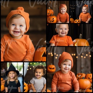 May include: A collage of photos featuring babies dressed in orange Halloween costumes with pumpkins. The babies are smiling and looking at the camera.