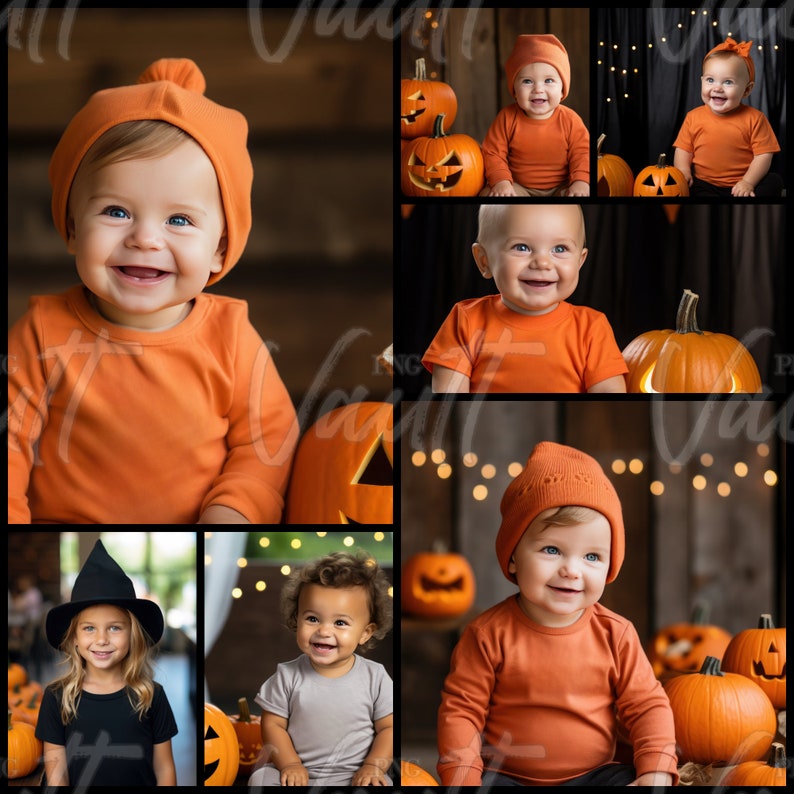 May include: A collage of photos featuring babies dressed in orange Halloween costumes with pumpkins. The babies are smiling and looking at the camera.