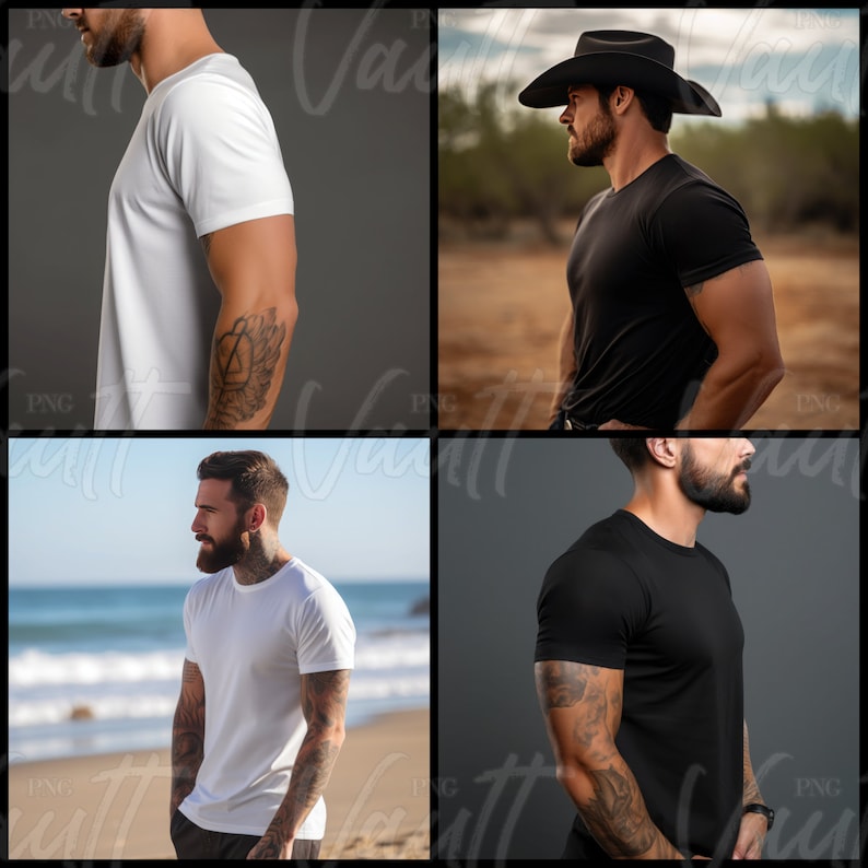 May include: Four different men wearing plain t-shirts in various colors and poses. The men are standing in front of different backgrounds, including a beach, a desert, and a gray wall.