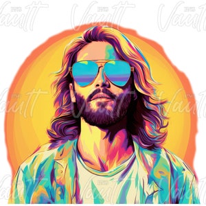 Puede incluir: Una vibrante ilustraci&oacute;n digital de una persona con cabello largo y barba, usando gafas de sol azules espejadas. La persona est&aacute; situada contra un fondo de sol amarillo y naranja, con una chaqueta colorida y una camiseta blanca.