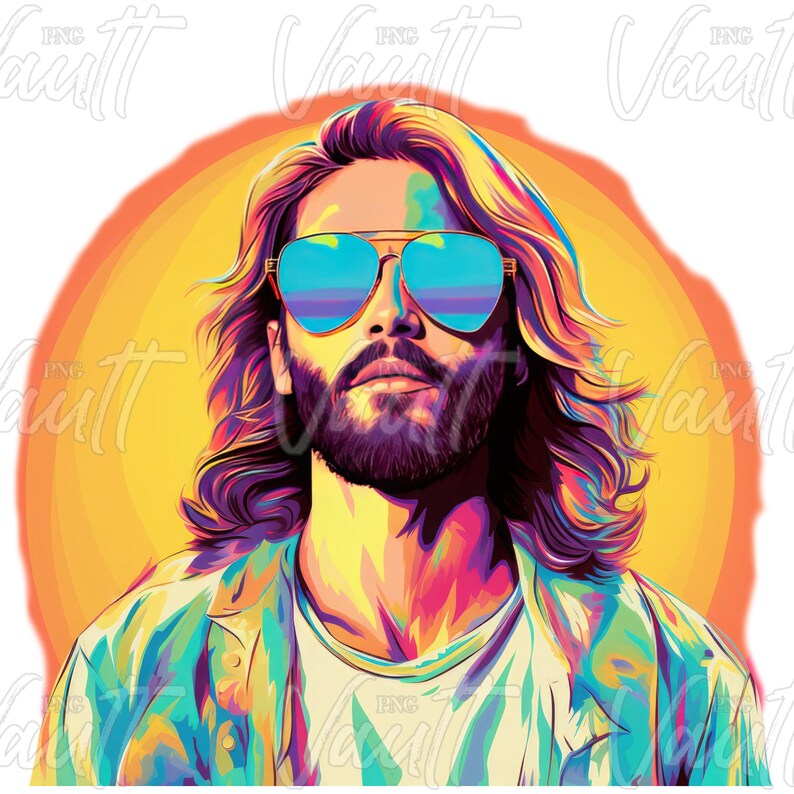 Puede incluir: Una vibrante ilustraci&oacute;n digital de una persona con cabello largo y barba, usando gafas de sol azules espejadas. La persona est&aacute; situada contra un fondo de sol amarillo y naranja, con una chaqueta colorida y una camiseta blanca.