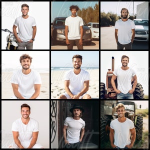 Puede incluir: Nueve hombres diferentes usando camisetas blancas en diferentes entornos. Algunos est&aacute;n de pie, otros est&aacute;n sentados y otros est&aacute;n apoyados en objetos. Los fondos incluyen una pared blanca, una playa, un estacionamiento, un tractor y una puerta.