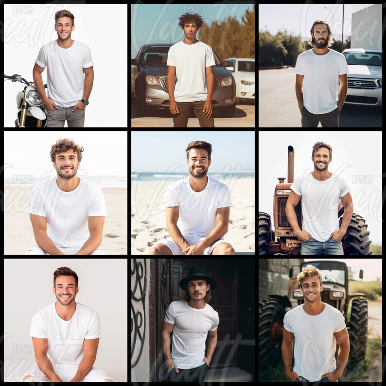 Puede incluir: Nueve hombres diferentes usando camisetas blancas en diferentes entornos. Algunos est&aacute;n de pie, otros est&aacute;n sentados y otros est&aacute;n apoyados en objetos. Los fondos incluyen una pared blanca, una playa, un estacionamiento, un tractor y una puerta.