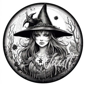 May include: Black and white illustration of a witch with long hair wearing a pointed hat and a necklace with a star pendant. The witch is surrounded by a circular frame with a crescent moon and branches.