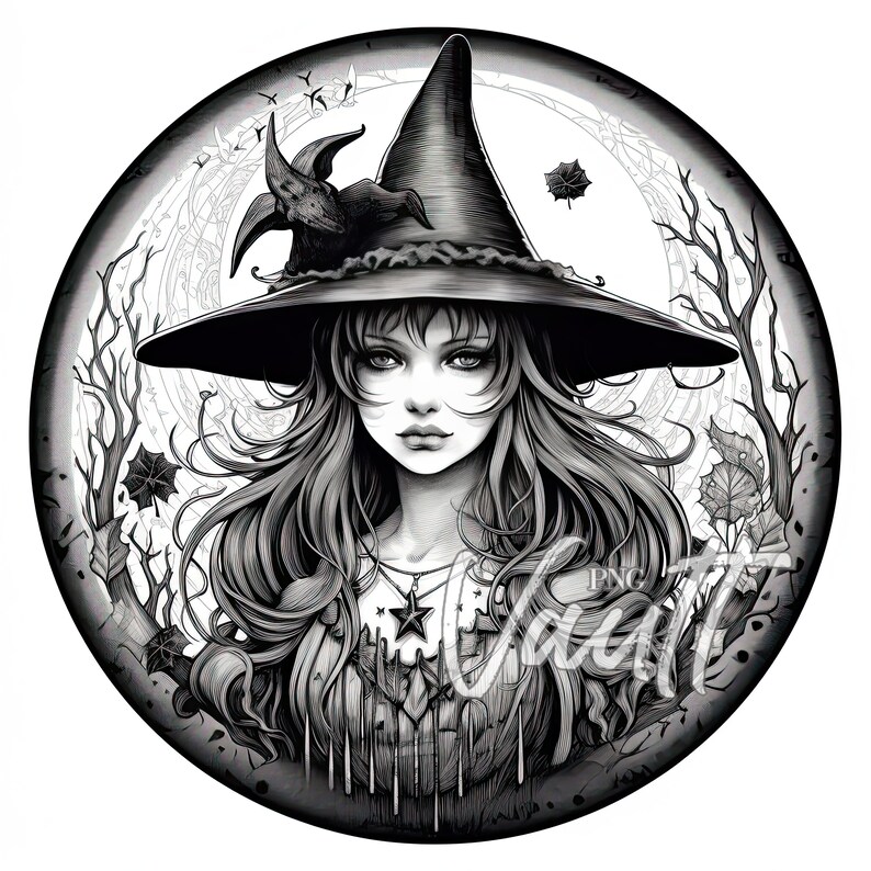 May include: Black and white illustration of a witch with long hair wearing a pointed hat and a necklace with a star pendant. The witch is surrounded by a circular frame with a crescent moon and branches.