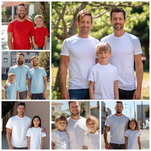 K&ouml;nnte beinhalten: Eine Collage von Bildern, die Familien mit Kindern zeigen. Jede Familie tr&auml;gt wei&szlig;e T-Shirts, wobei die Erwachsenen auf den Bildern Jeans tragen. Die Kinder tragen wei&szlig;e T-Shirts und Shorts.