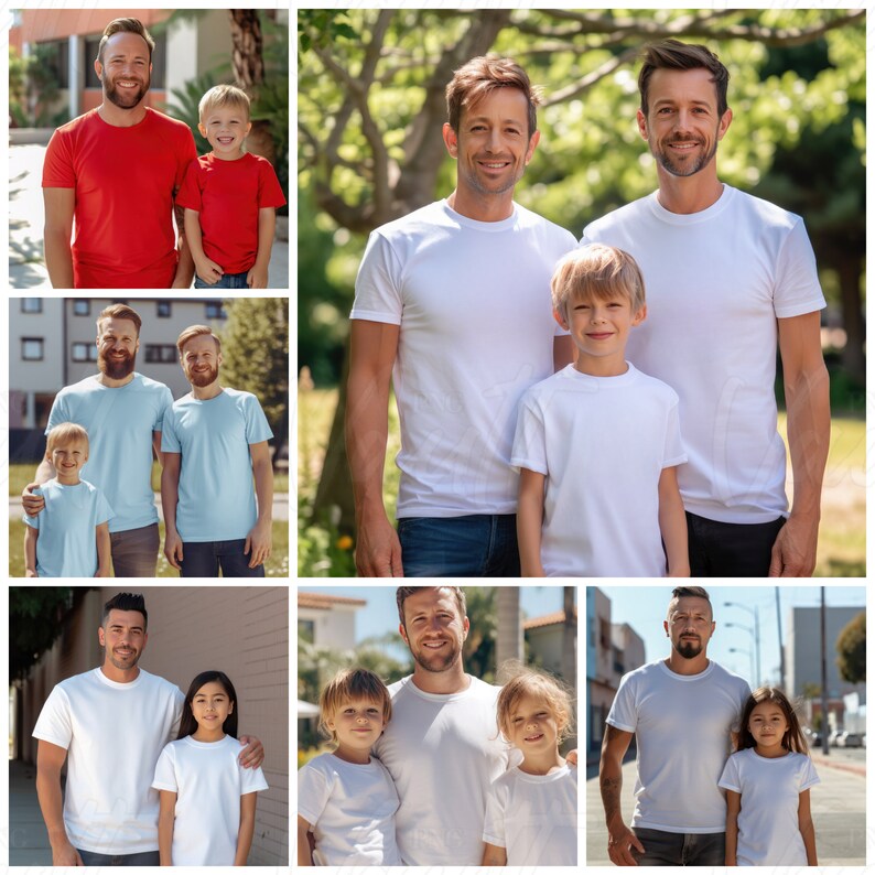 K&ouml;nnte beinhalten: Eine Collage von Bildern, die Familien mit Kindern zeigen. Jede Familie tr&auml;gt wei&szlig;e T-Shirts, wobei die Erwachsenen auf den Bildern Jeans tragen. Die Kinder tragen wei&szlig;e T-Shirts und Shorts.