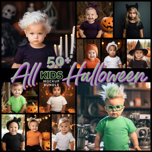 May include: A collection of 50+ kids Halloween costume mockups. The images feature children dressed in various Halloween costumes, including a witch, a vampire, a ghost, and a zombie. The images are perfect for use in marketing materials, social media posts, and website designs.