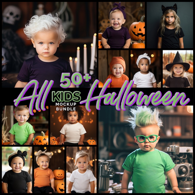 May include: A collection of 50+ kids Halloween costume mockups. The images feature children dressed in various Halloween costumes, including a witch, a vampire, a ghost, and a zombie. The images are perfect for use in marketing materials, social media posts, and website designs.