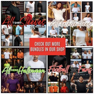 May include: A collage of images showcasing different t-shirt mockups. The images feature various models wearing white and black t-shirts in different poses and settings. The text "All T-Shirt Sleeves", "All White Tees", "All Halloween", and "Football Fans" is displayed on the images.