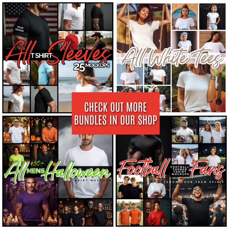 May include: A collage of images showcasing different t-shirt mockups. The images feature various models wearing white and black t-shirts in different poses and settings. The text "All T-Shirt Sleeves", "All White Tees", "All Halloween", and "Football Fans" is displayed on the images.