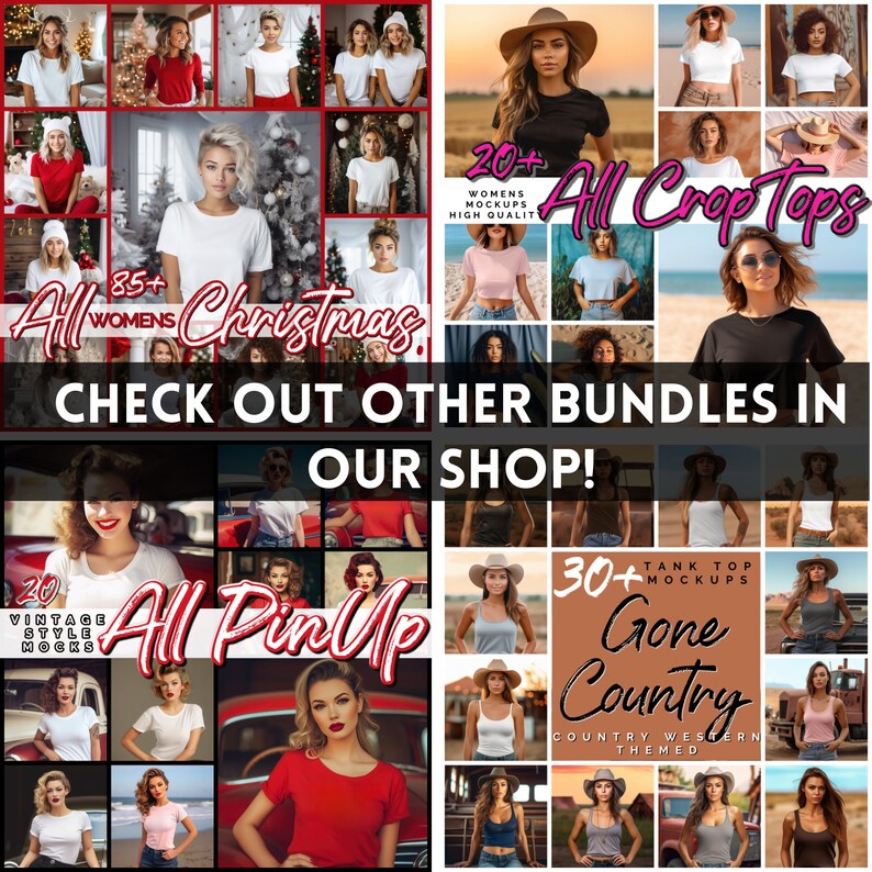 May include: A collage of images showcasing different clothing mockups. The images feature women wearing various styles of tops, including crop tops, tank tops, and t-shirts. The text "All Crop Tops", "All Pin Up", "Gone Country", and "All Women's Christmas" is visible in the image.