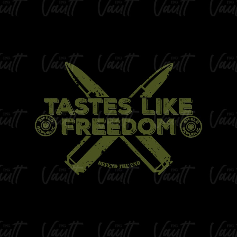 May include: A green graphic design with two crossed bullets and the text "Tastes Like Freedom" with a circle containing the text "Shield Republic" on each side of the text. The text "Defend the 2nd" is below the bullets.
