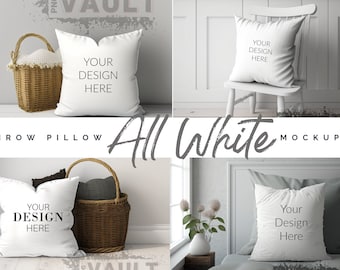 May include: Four white throw pillows with the text "Your Design Here" on each pillow. The pillows are displayed in different settings, including on a chair, a bed, and a floor.