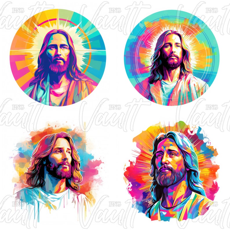 Puede incluir: Cuatro retratos de arte digital coloridos de Jesucristo. Cada imagen presenta una representaci&oacute;n estilizada y vibrante de Jes&uacute;s con cabello largo y barba, rodeado de luz radiante. Las paletas de colores incluyen rosas, azules, amarillos y naranjas, creando una est&eacute;tica art&iacute;stica moderna.