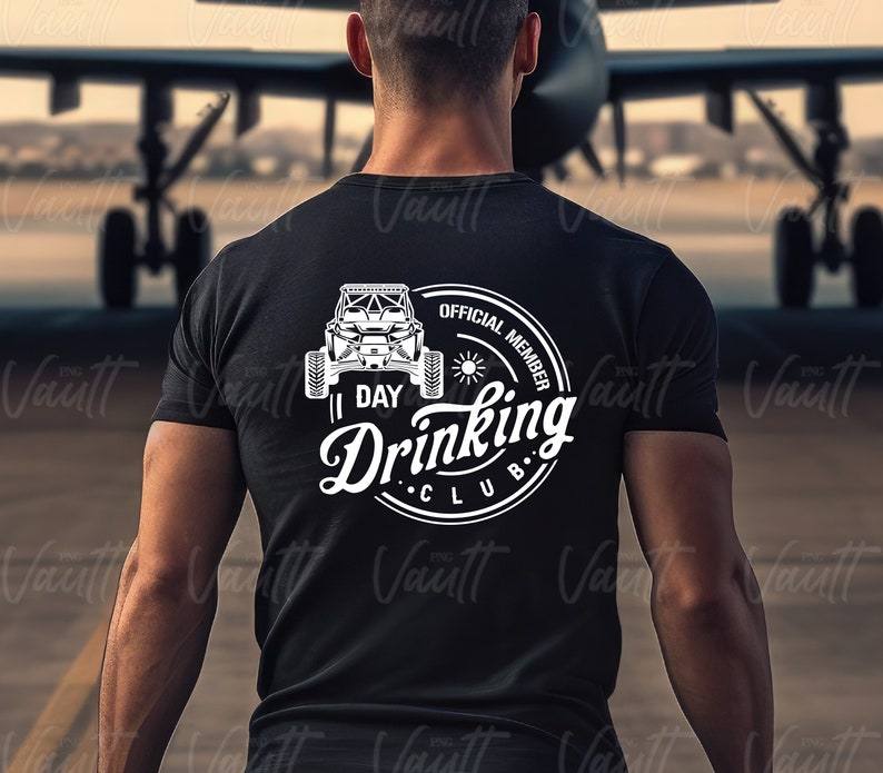 May include: A black t-shirt with a white graphic of an off-road vehicle and the text "Official Member Drinking Club" in a circle.