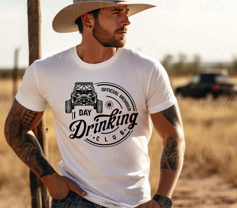 May include: White t-shirt with a black and white graphic of an off-road vehicle and the text "I Day Drinking Club. Official Member."