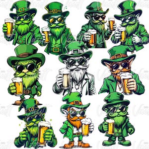 PNG Leprechaun Bundle St Patricks Day St Patty Day Leprechaun Drinking Beer With Sunglasses Cool Mean looking Irish Leprechaun Design Bundle