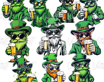 PNG Leprechaun Bundle St Patricks Day St Patty Day Leprechaun Drinking Beer With Sunglasses Cool Mean looking Irish Leprechaun Design Bundle