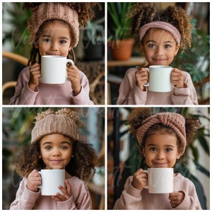 May include: Four images of a young person holding a white mug. The person is wearing a pink knitted hat or headband and a pink sweater. The background is blurred and shows plants.