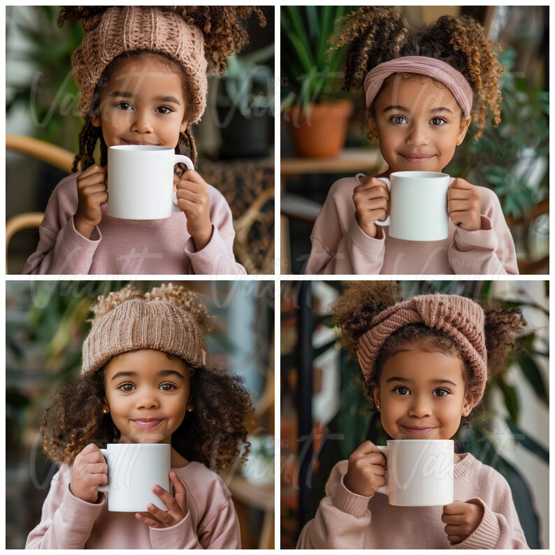 May include: Four images of a young person holding a white mug. The person is wearing a pink knitted hat or headband and a pink sweater. The background is blurred and shows plants.