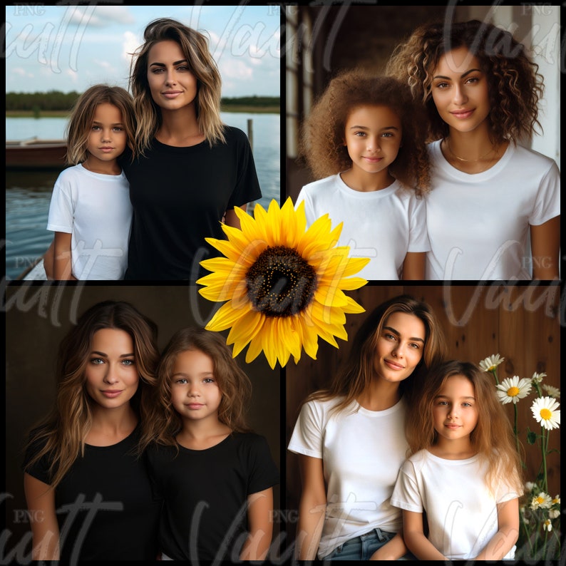May include: Four pairs of mothers and daughters wearing white t-shirts. The mothers are all smiling and looking at the camera. The daughters are all looking at the camera. A sunflower is in the center of the image.