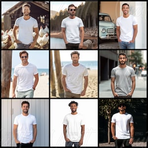 Puede incluir: Nueve hombres diferentes usando camisetas blancas en diferentes entornos. Los hombres est&aacute;n de pie, caminando y posando en una variedad de lugares, incluyendo una granja, una playa, una calle de la ciudad y una pared blanca.